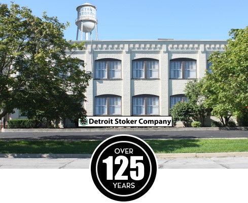 Historic Detroit Stoker corporate headquarters building celebrating over 125 years.