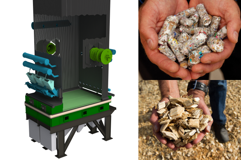 Left side of image shows 3D render of a boiler with a Detroit Stoker RotoStoker VCG, Burner, and auxiliary equipment. Right side of image shows hands holding paper pellet fuel and wood chip fuel.
